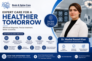 Dr. Mashal Rasool Khan providing an online neurosurgeon consultation for brain and spine patients in Pakistan.